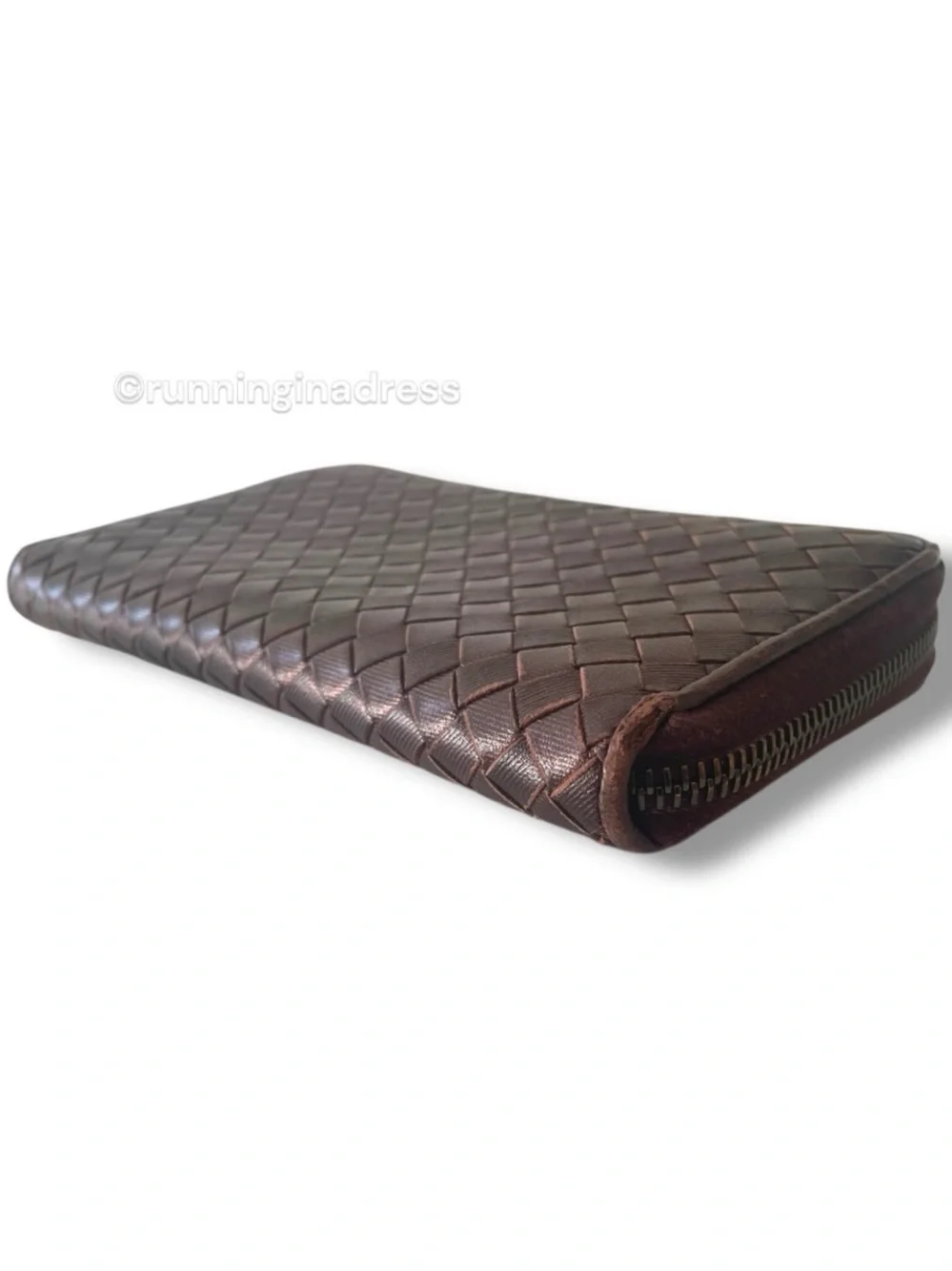 Bottega Veneta Intrecciato Leather Long Zip Around Wallet Metallic Copper Brown